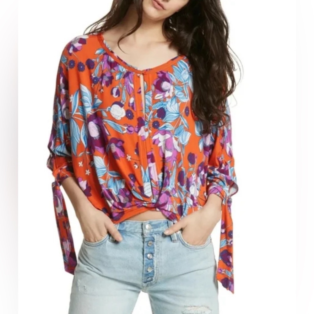 Free People Medium Shirt Keepin On Blouse Floral Orange